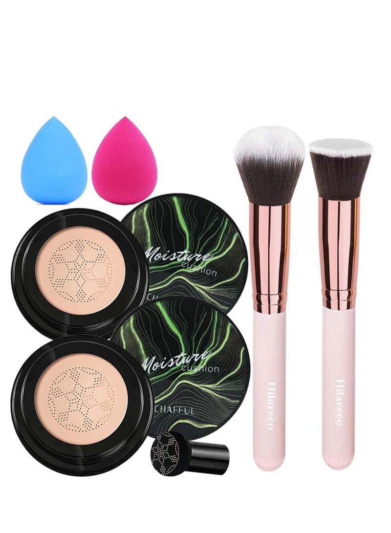 Hilareco 2 PCS Mushroom Head Air Cushion CC Cream Nature Foundation,Foundation Brush Powder Brush,Moisturizing Concealer, Bright Makeup Base Long Lasting with Mushroom Makeup Sponge(#02 Natural) - Image 1