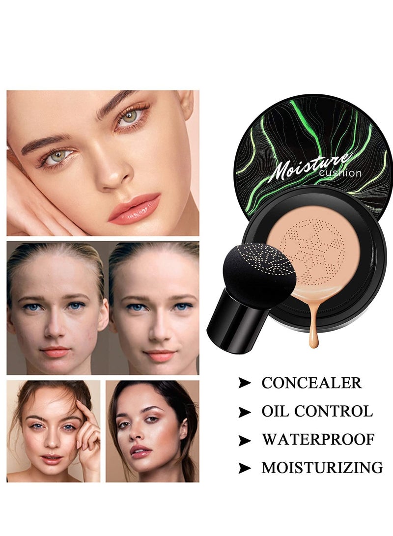 Hilareco 2 PCS Mushroom Head Air Cushion CC Cream Nature Foundation,Foundation Brush Powder Brush,Moisturizing Concealer, Bright Makeup Base Long Lasting with Mushroom Makeup Sponge(#02 Natural) - Image 2
