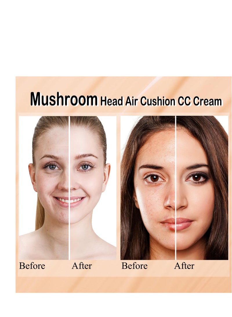 Hilareco 2 PCS Mushroom Head Air Cushion CC Cream Nature Foundation,Foundation Brush Powder Brush,Moisturizing Concealer, Bright Makeup Base Long Lasting with Mushroom Makeup Sponge(#02 Natural) - Image 5