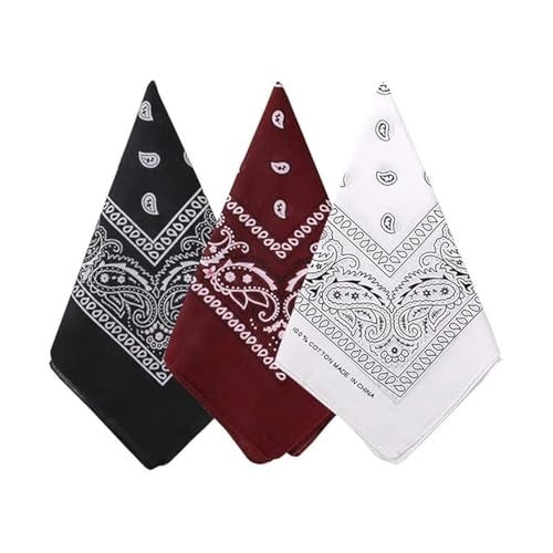 DIKHAWA Male Cotton Men 3 Pack Paisley Pattern Bandanas Square Scarf Headwear (Black + Burgundy + White) - Image 1