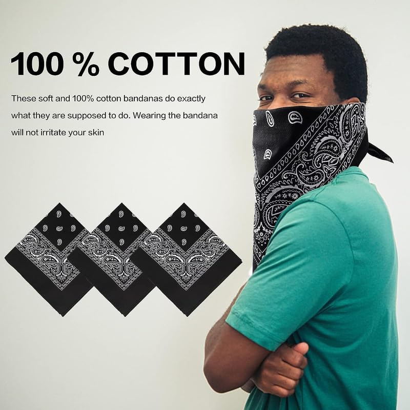 DIKHAWA Male Cotton Men 3 Pack Paisley Pattern Bandanas Square Scarf Headwear (Black + Burgundy + White) - Image 2