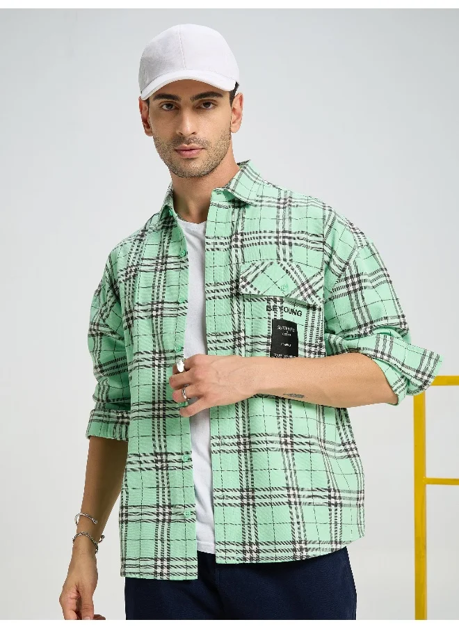 Beyoung Mint Green Plaid Shirt for Men