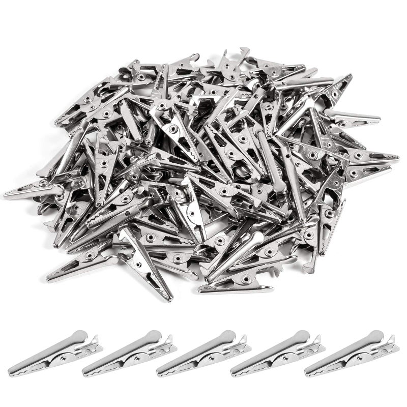 100PCS 106IN 27mm Mini Metal Alligator Clips Crocodile Clamps Silver Tone Nickel Plated Test Line Spring Clamps Crocodile Clips for Laboratory Electric Testing Work and Cable Lead Clip