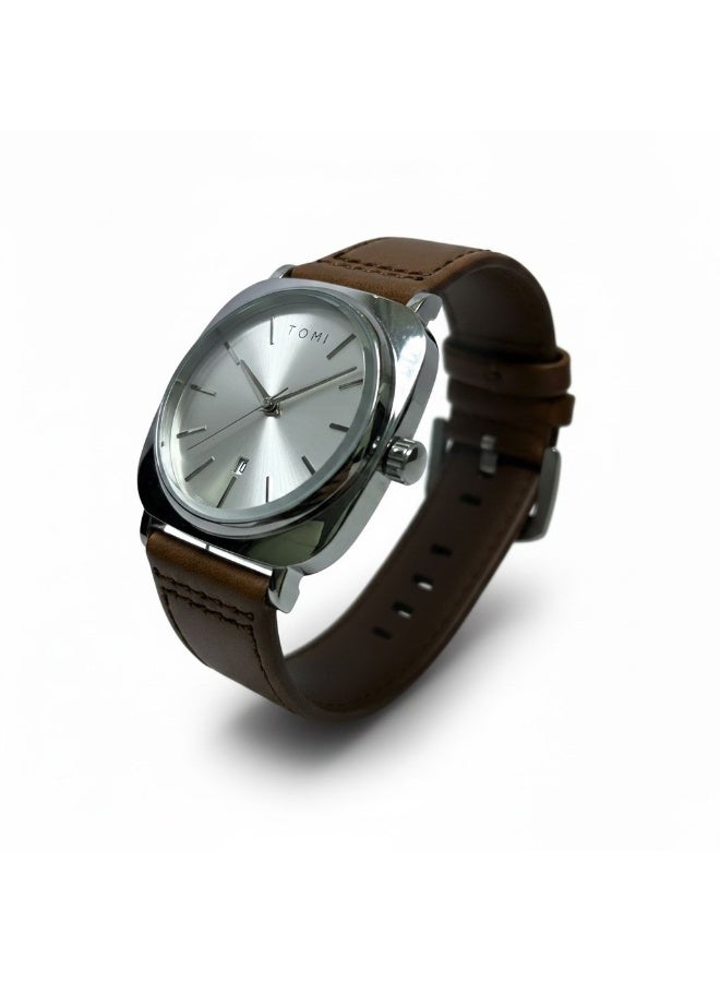 TOMI Urban Edge T085 Men’s Analog Watch with Sunglasses Set – Silver Dial, Brown Leather Strap, Quartz Movement, Luxury Gift Combo - Image 3