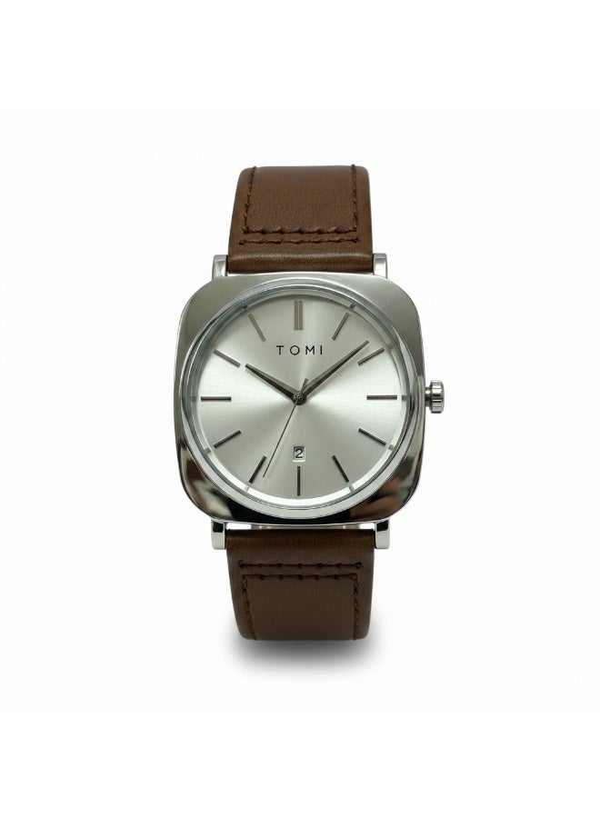 TOMI Urban Edge T085 Men’s Analog Watch with Sunglasses Set – Silver Dial, Brown Leather Strap, Quartz Movement, Luxury Gift Combo - Image 2