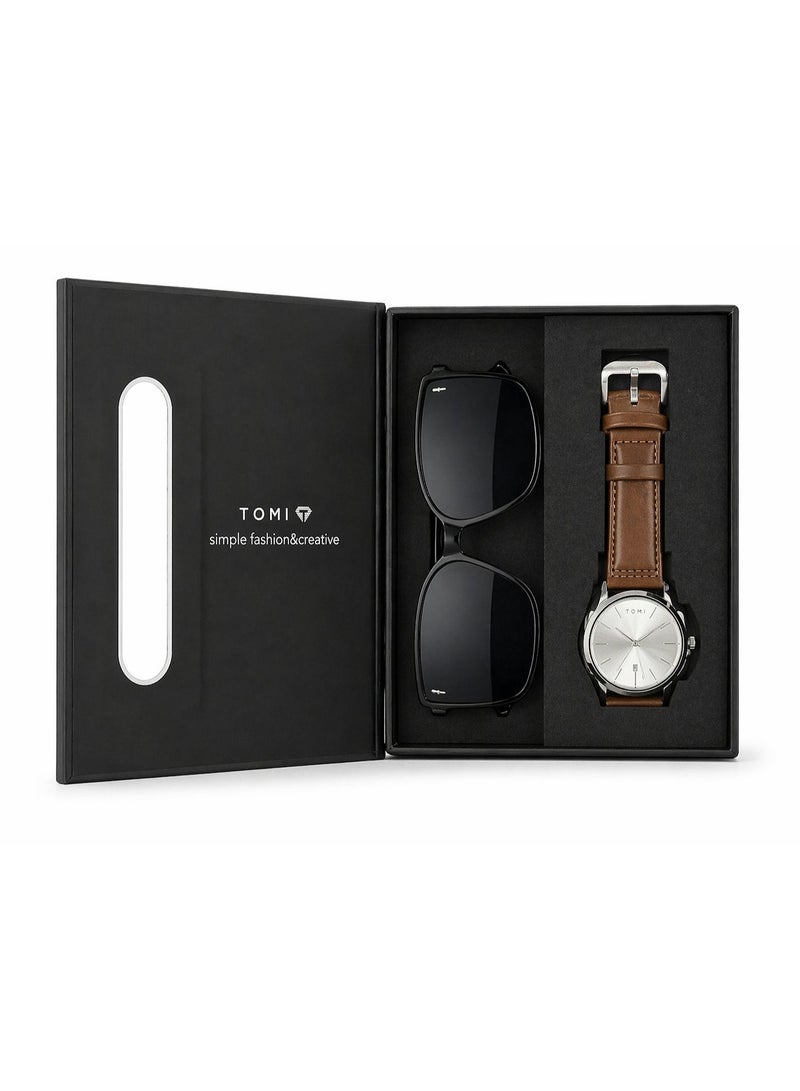 TOMI Urban Edge T085 Men’s Analog Watch with Sunglasses Set – Silver Dial, Brown Leather Strap, Quartz Movement, Luxury Gift Combo - Image 1