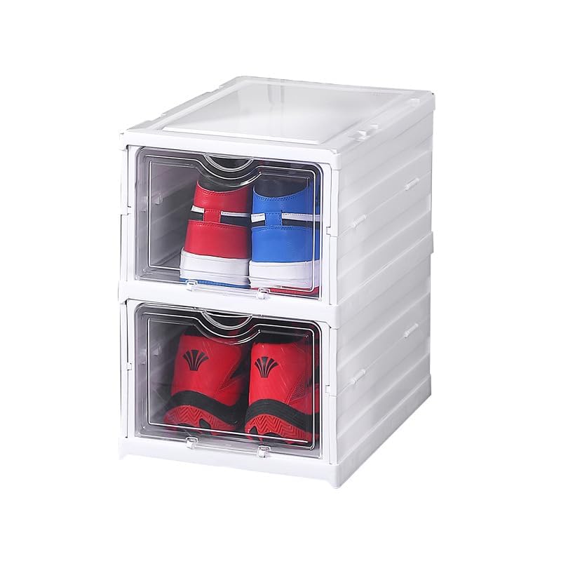 PERPART Shoe Organiser Plastic Box with door Footwear Foldable Storage Rack Collapsible Sneaker Crates Shoes Organiser for Men Women Heels Boots Loafers Slippers White PP Plastic 2Tier