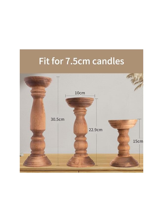 The Bros Farmhouse Wooden Candle Holders for Pillar Candles Set of 3, Rustic Wood Candle Holder Table Centerpiece Decor, 30.5-22.5-15cm Vintage Tall Candle Stand Decorative for Wedding, Party and Festiva - Image 2