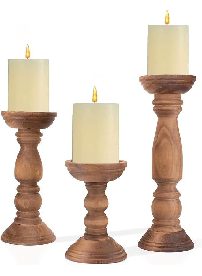 The Bros Farmhouse Wooden Candle Holders for Pillar Candles Set of 3, Rustic Wood Candle Holder Table Centerpiece Decor, 30.5-22.5-15cm Vintage Tall Candle Stand Decorative for Wedding, Party and Festiva - Image 1
