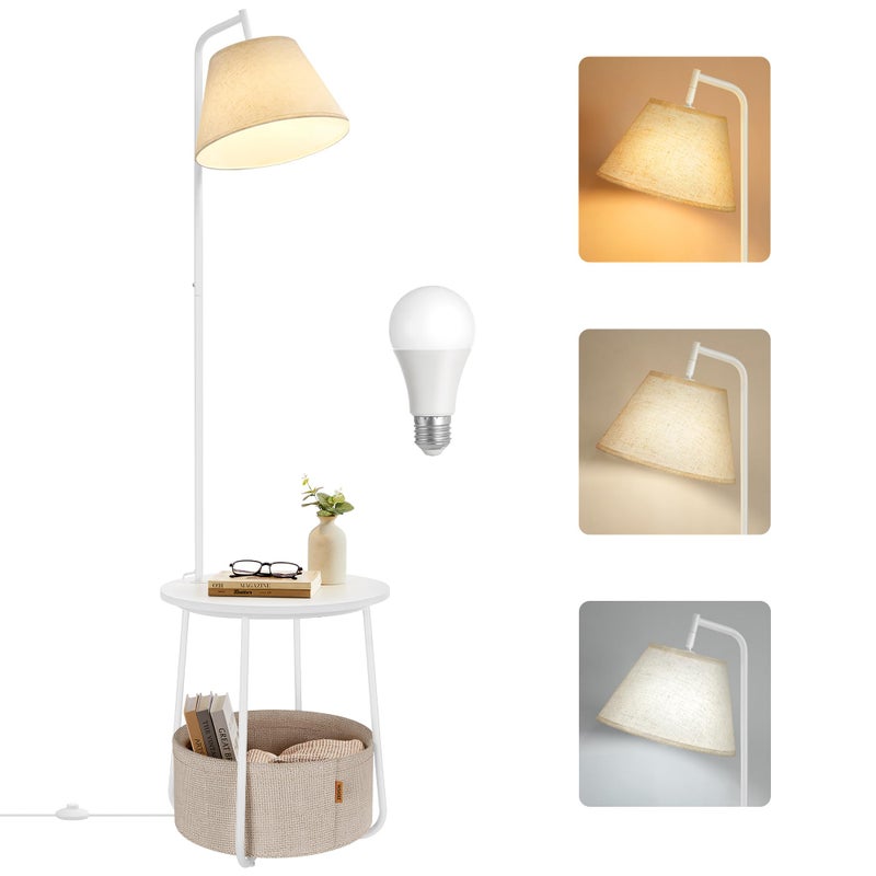 VASAGLE End Table with Lamp, 3-in-1 Floor Lamp with Table and Fabric Basket for Living Room, Tunable LED Bulb Included, Angle-Adjustable Lampshade, Matte White ULFL004WC01S - Image 1