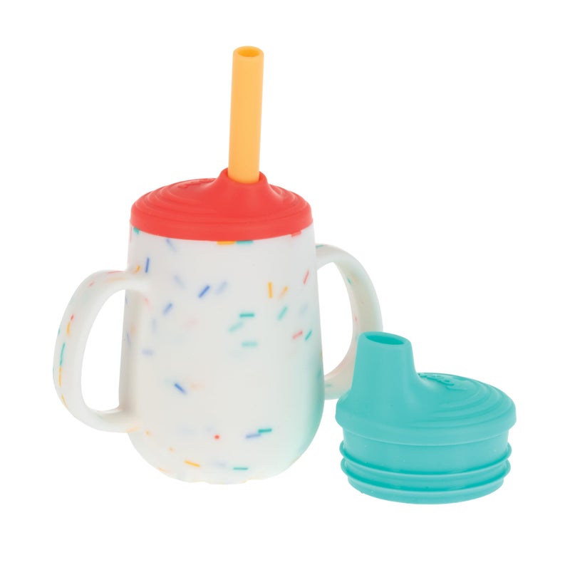 Nuby 3-Stage Training Cup Set - Silicone Tumbler with Spout and Straw Combo - 4 oz - 6+ Months - Coral and Sprinkles - Image 1