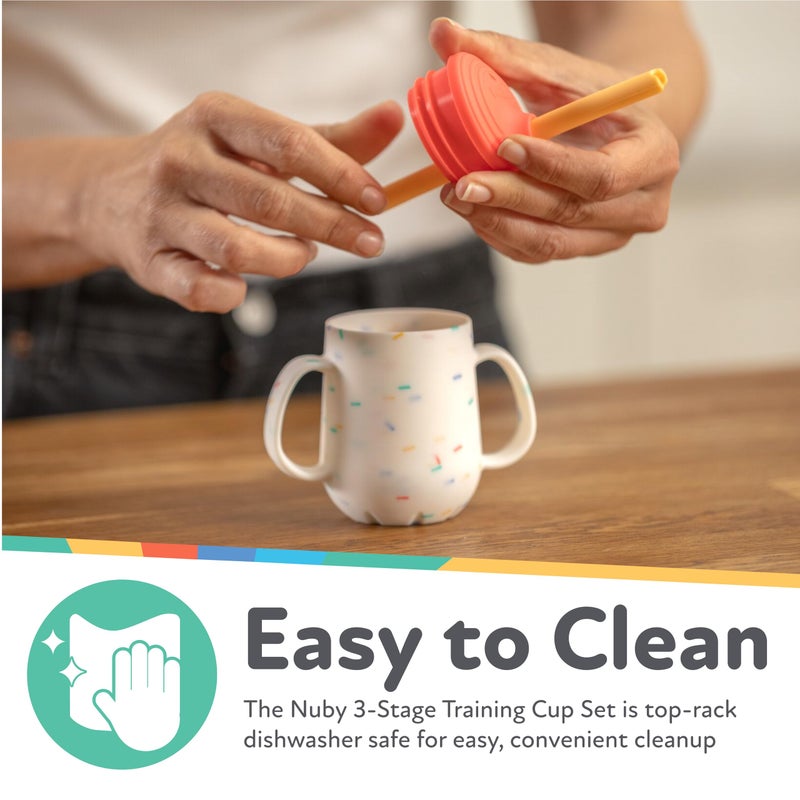 Nuby 3-Stage Training Cup Set - Silicone Tumbler with Spout and Straw Combo - 4 oz - 6+ Months - Coral and Sprinkles - Image 4