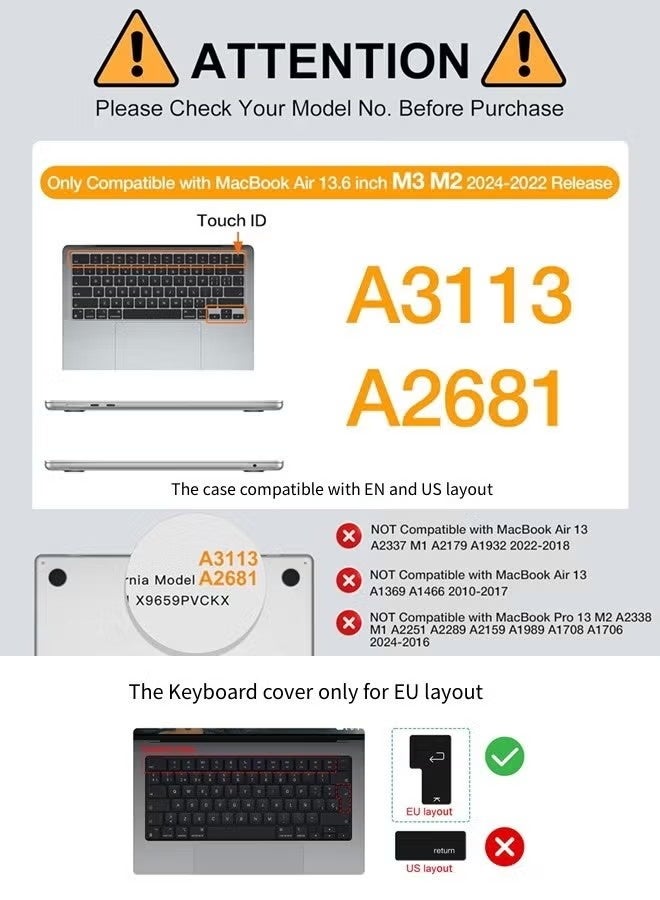 إيليلي حافظة متوافقة مع ماك بوك اير 13 بوصة 2025 2024 2023 2022 M4 A3240 M3 A3113 M2 A2681 غلاف بلاستيكي صلب + غطاء لوحة مفاتيح TPU للنسخة الأوروبية لجهاز ماك بوك اير 13.6 بوصة، شفاف للغاية - Image 2