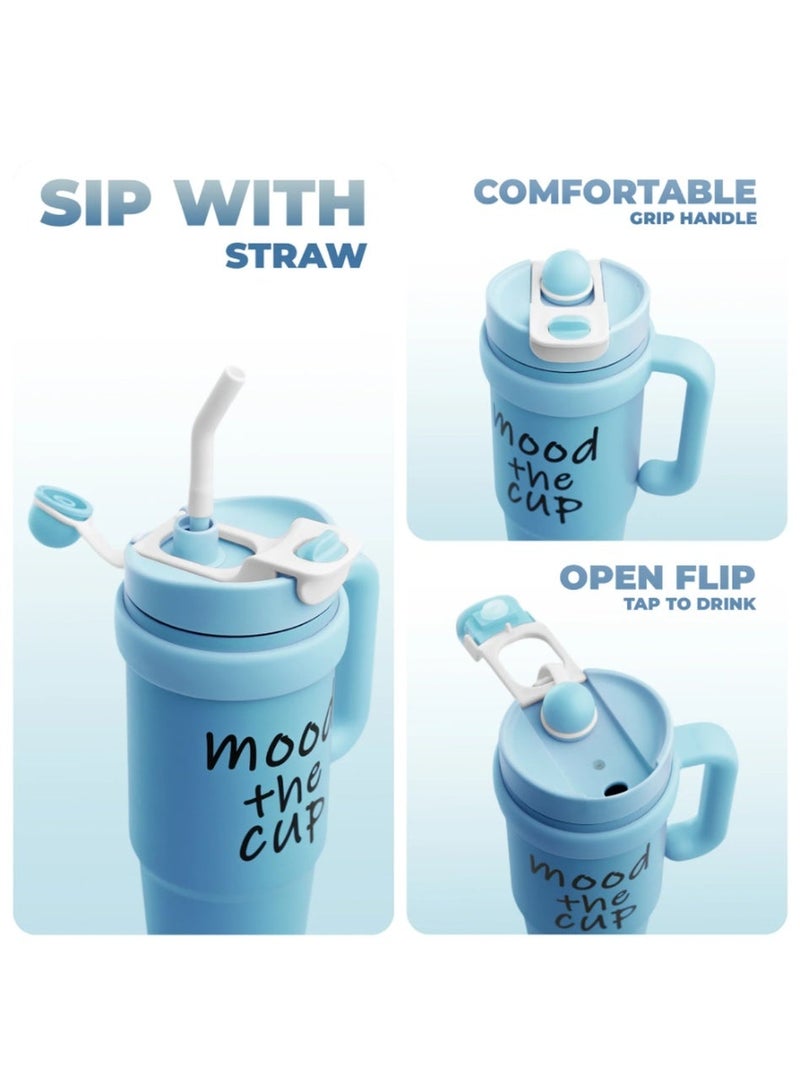 Kimaya Mood The Cup Insulated Water Bottle, Stainless Steel Tumbler with Handle and Lid 2 Straw, Double Insulated Cup 100% Leak Proof for Home Office & Gym 900ml (Bondi Blue) - Image 5