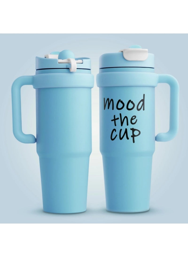 Kimaya Mood The Cup Insulated Water Bottle, Stainless Steel Tumbler with Handle and Lid 2 Straw, Double Insulated Cup 100% Leak Proof for Home Office & Gym 900ml (Bondi Blue) - Image 1