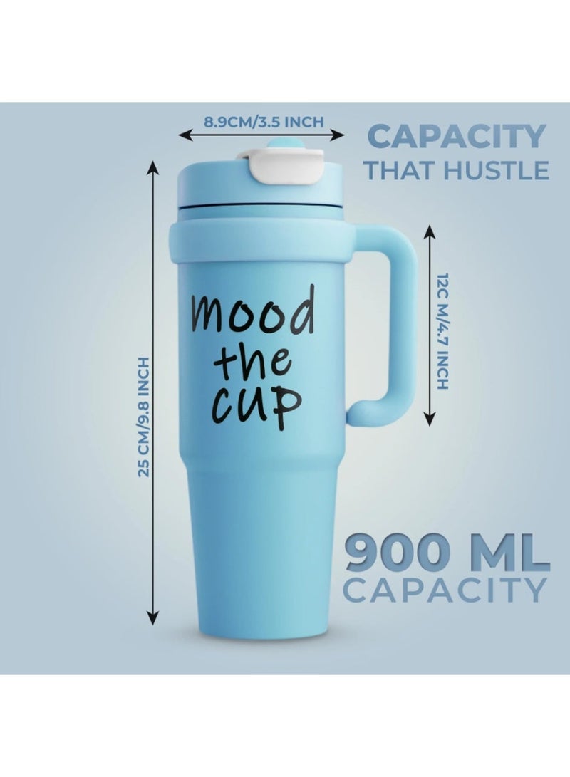 Kimaya Mood The Cup Insulated Water Bottle, Stainless Steel Tumbler with Handle and Lid 2 Straw, Double Insulated Cup 100% Leak Proof for Home Office & Gym 900ml (Bondi Blue) - Image 3