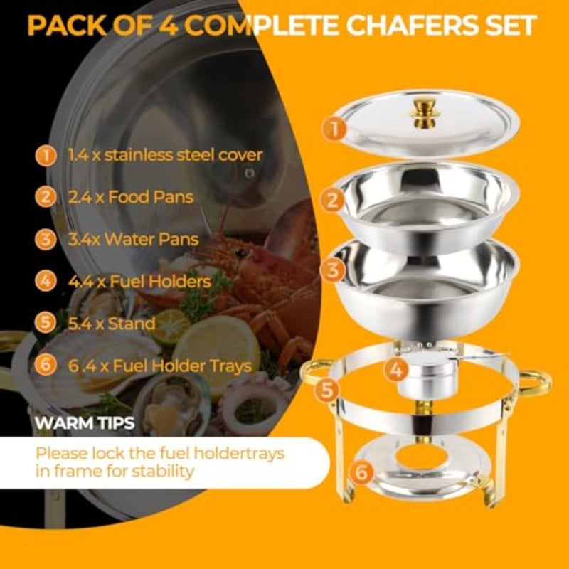 Chafing Dishes for Buffet, 4 Pack 5 qt Round Chafing Dish Set with Stainless steel Lids Holders Foldable Frames, Food Grade Stainless Steel Food Warmers for Parties Buffets Banquets, Gold Silver - Image 3