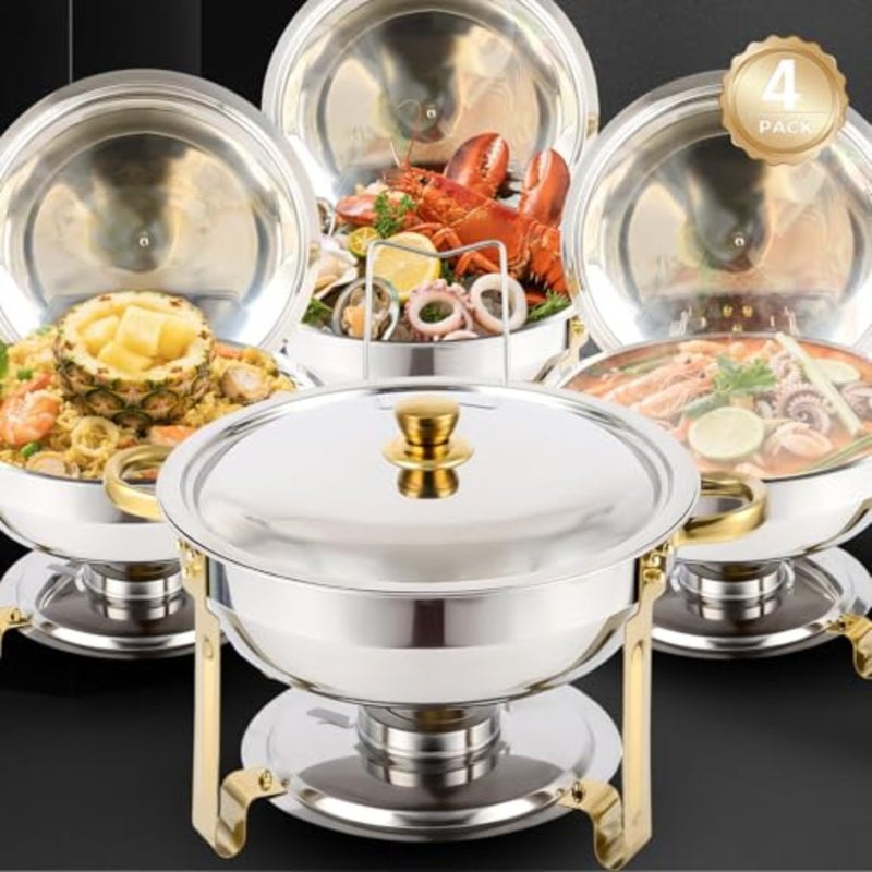Chafing Dishes for Buffet, 4 Pack 5 qt Round Chafing Dish Set with Stainless steel Lids Holders Foldable Frames, Food Grade Stainless Steel Food Warmers for Parties Buffets Banquets, Gold Silver - Image 1