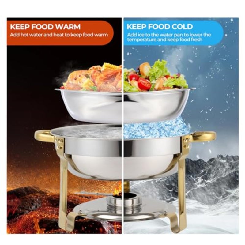 Chafing Dishes for Buffet, 4 Pack 5 qt Round Chafing Dish Set with Stainless steel Lids Holders Foldable Frames, Food Grade Stainless Steel Food Warmers for Parties Buffets Banquets, Gold Silver - Image 4
