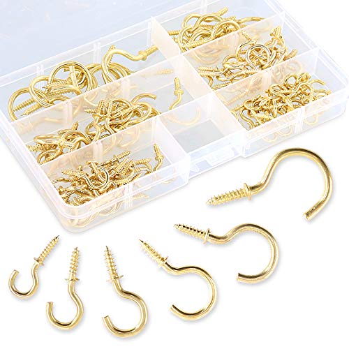 Swpeet 120Pcs 6 Sizes Metal Screwin Ceiling Hooks Cup Hooks Kit Gold Ceiling Cup Hooks SelfTapping Screws Hooks for HomeWorkplaceOffice QScrew - Image 1