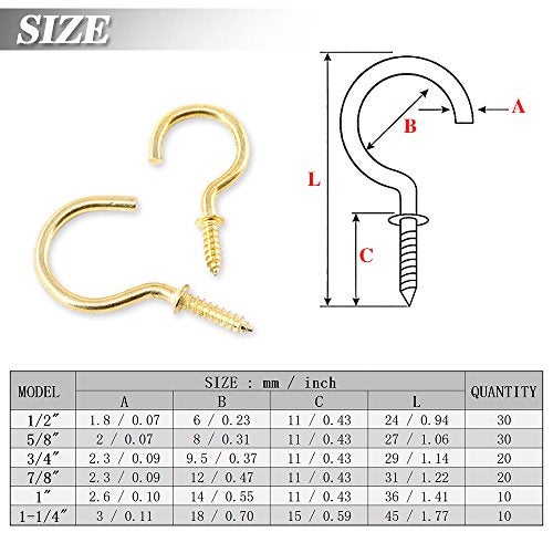 Swpeet 120Pcs 6 Sizes Metal Screwin Ceiling Hooks Cup Hooks Kit Gold Ceiling Cup Hooks SelfTapping Screws Hooks for HomeWorkplaceOffice QScrew - Image 3