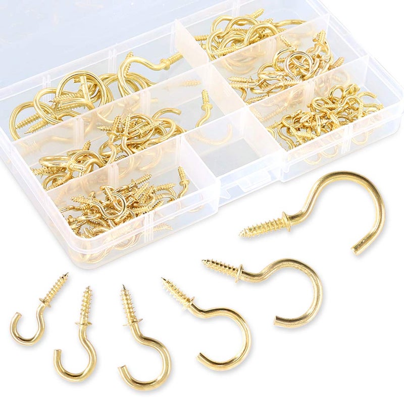 Swpeet 120Pcs 6 Sizes Metal Screwin Ceiling Hooks Cup Hooks Kit Gold Ceiling Cup Hooks SelfTapping Screws Hooks for HomeWorkplaceOffice QScrew - Image 2