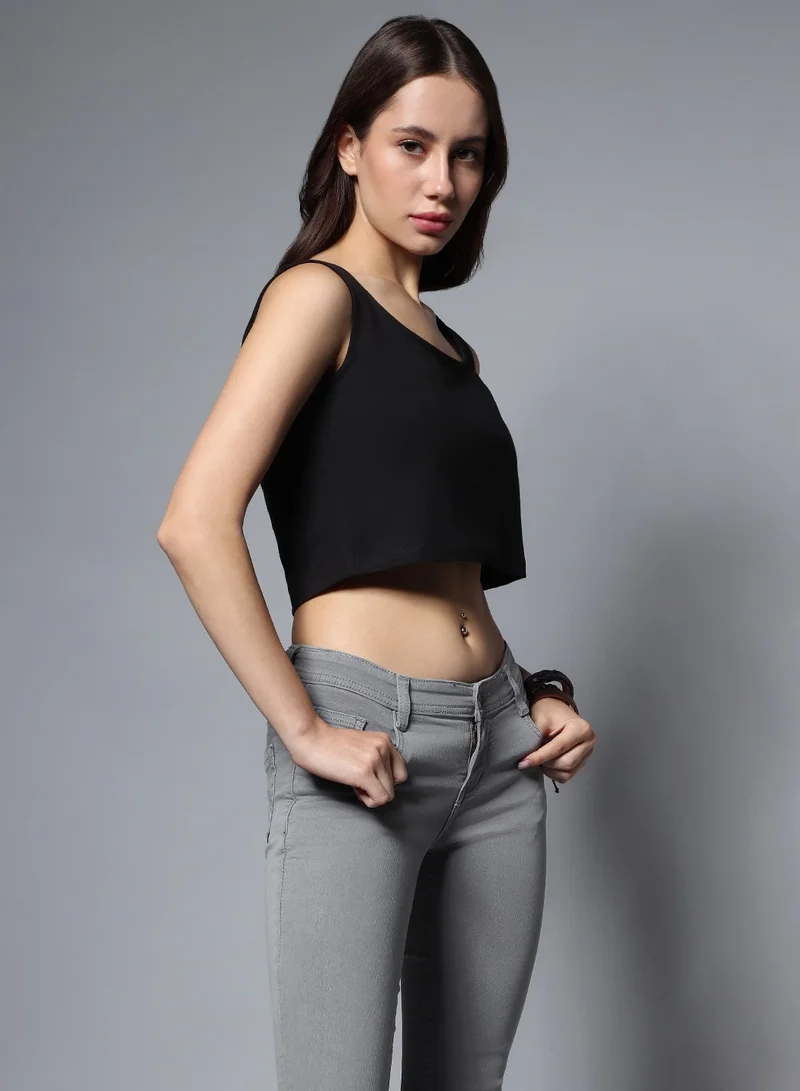 HIGH STAR Crop Black Sleeveless Top for Women, Square Neck Design