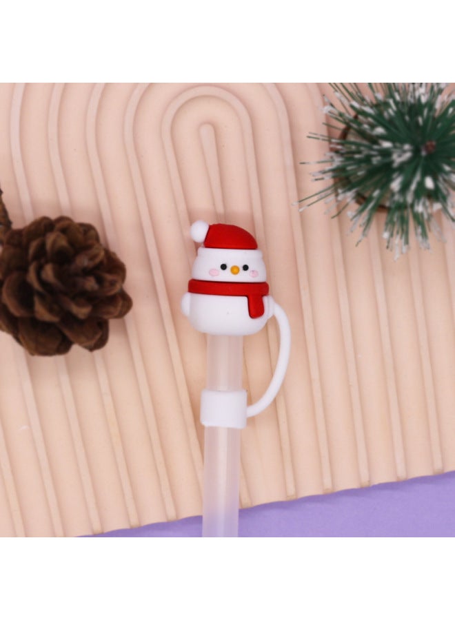 Straw Cap Soft Glue 8-10mm Straw Sleeve Cute Cartoon Party Straw Decorative Cap Dust Cover Cross Border-Color:Red Scarf Snowman 10mm-Specifications:Bag Contains Straw - Image 1