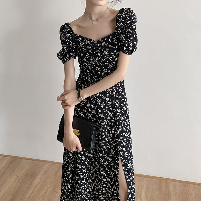 French First Love Sweet Tea Break Square Collar Bubble Sleeve Fresh Style Floral Dress Black Elegant Long Dress for Children Summer Black