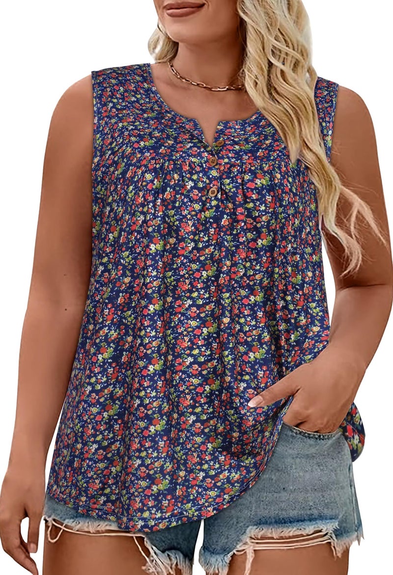 JOELLYUS Womens Plus Size Tops Summer Tank Top Loose Fit Sleeveless Shirts Button Oversized Tees Flowy Blouse(Colorful Floral Print,3XL) - Image 1