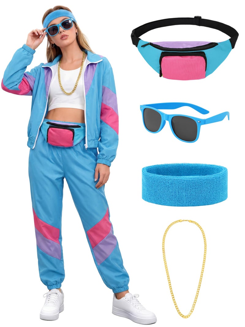 SOMSOC 7 Pieces 80s Tracksuit for Women 90s Windbreaker Sweatpants Outfit Color Block Jacket with Fanny Pack Accessories - Image 1