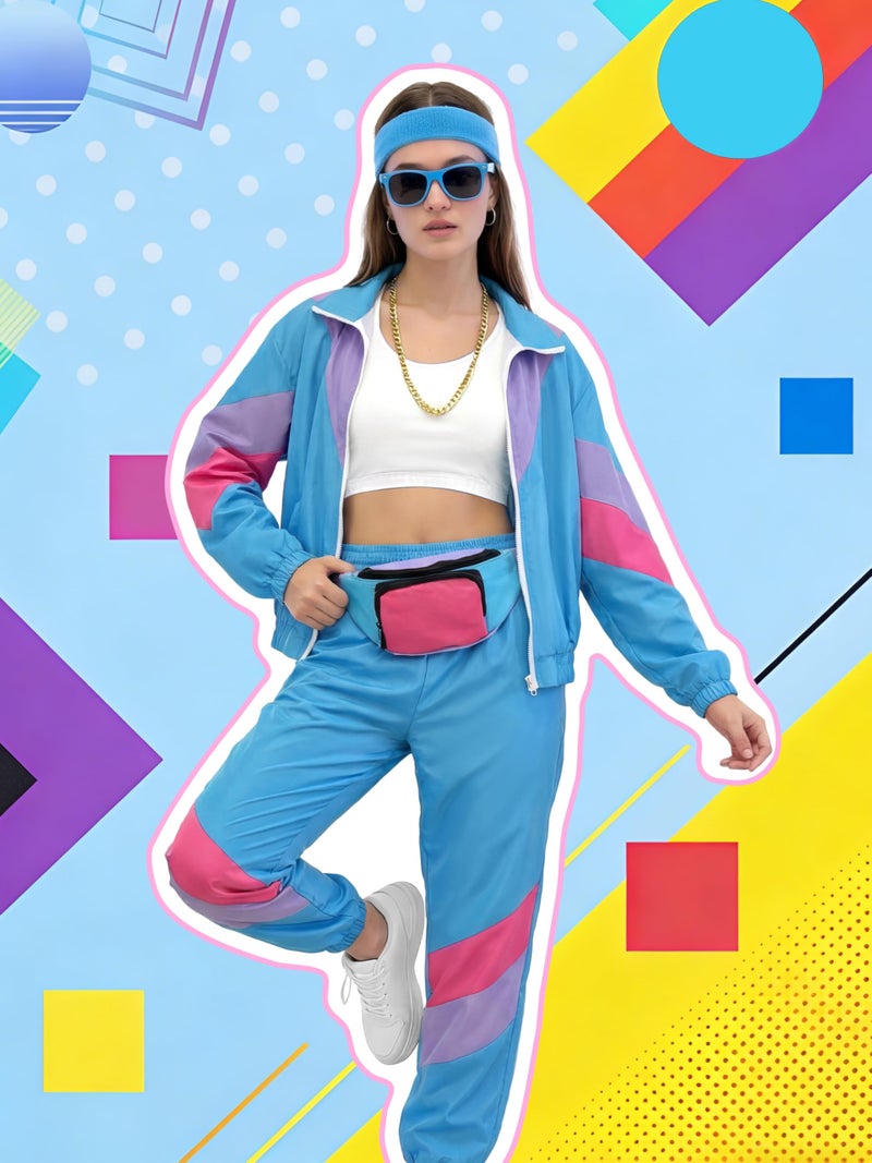 SOMSOC 7 Pieces 80s Tracksuit for Women 90s Windbreaker Sweatpants Outfit Color Block Jacket with Fanny Pack Accessories - Image 2