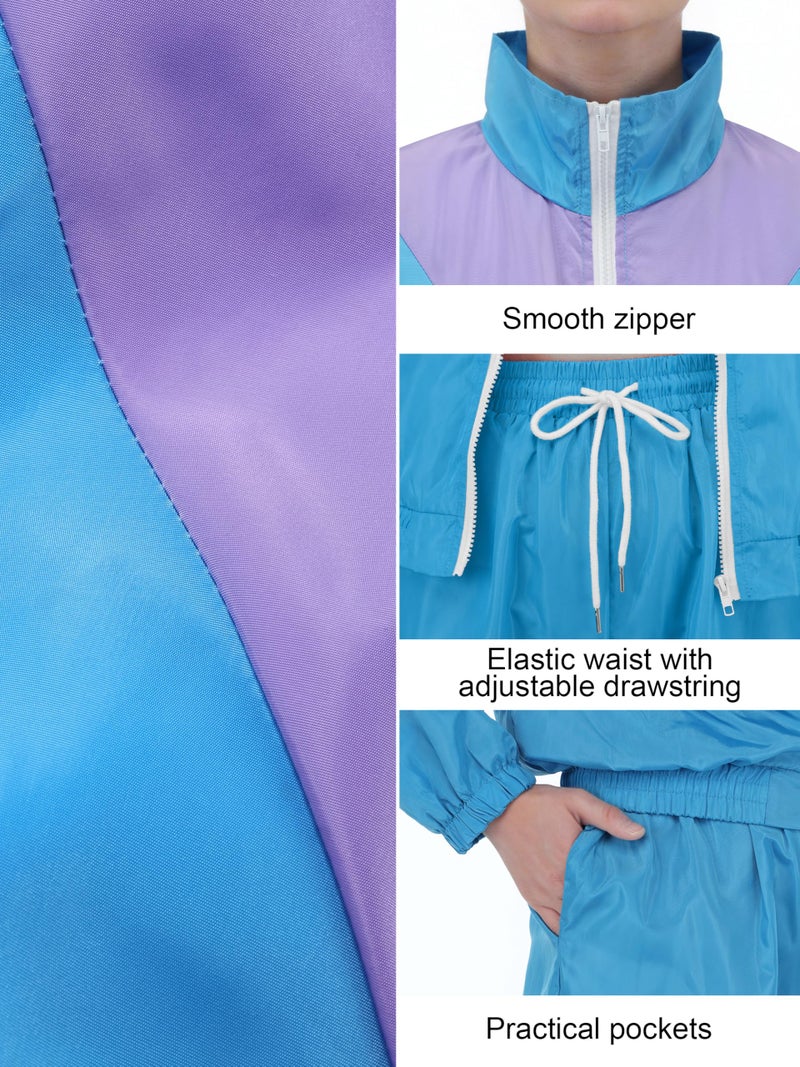 SOMSOC 7 Pieces 80s Tracksuit for Women 90s Windbreaker Sweatpants Outfit Color Block Jacket with Fanny Pack Accessories - Image 3