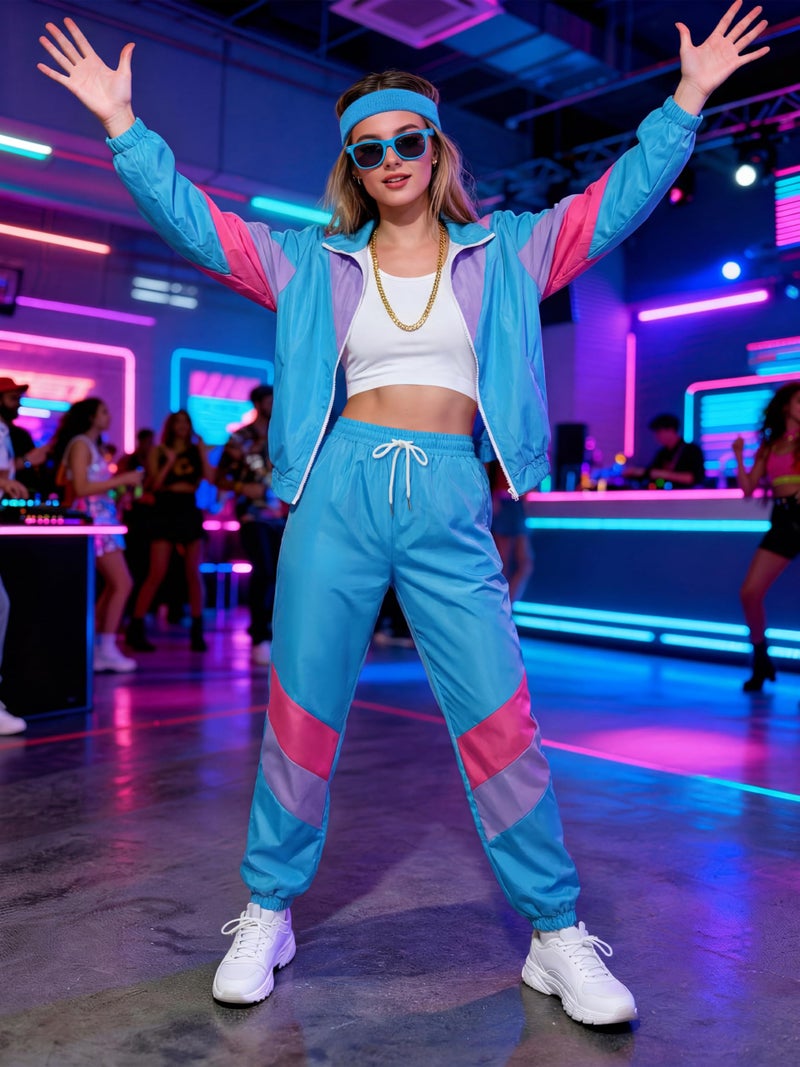 SOMSOC 7 Pieces 80s Tracksuit for Women 90s Windbreaker Sweatpants Outfit Color Block Jacket with Fanny Pack Accessories - Image 5