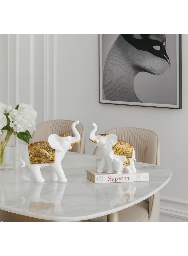 بيرام طقم تماثيل الفيل الأبيض الملكي من بيرام مكون من 2 تمثال كبير وصغير من الراتينج مع لمسات ذهبية ديكور الفيل بخرطوم مرفوع للمنزل والمكتب وغرفة المعيشة وغرفة النوم والأرفف والطاولات وهدية وفخامة الديكور