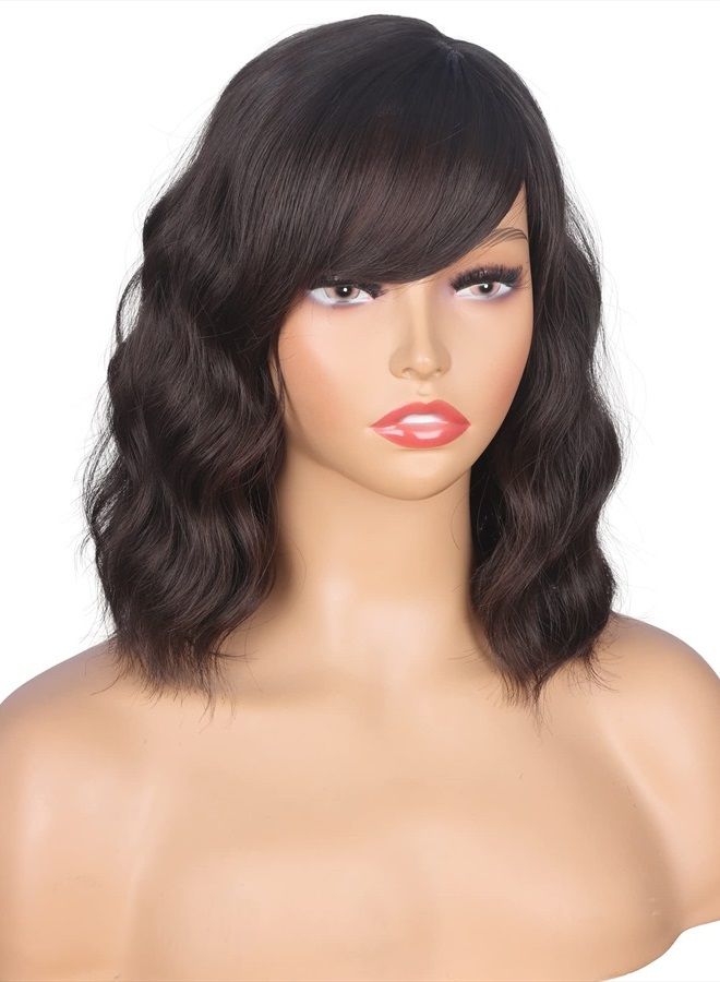 SYMEIW Short Wavy Bob Wigs With Bangs For Women Dark Brown Short Curly Wig Synthetic Heat Resistant Brown Wigs For Black Women(Dark Brown)… - Image 2