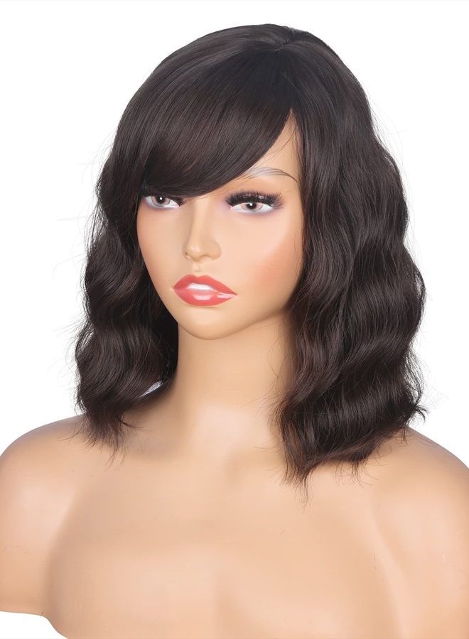SYMEIW Short Wavy Bob Wigs With Bangs For Women Dark Brown Short Curly Wig Synthetic Heat Resistant Brown Wigs For Black Women(Dark Brown)… - Image 3