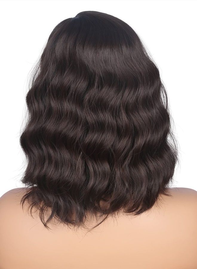 SYMEIW Short Wavy Bob Wigs With Bangs For Women Dark Brown Short Curly Wig Synthetic Heat Resistant Brown Wigs For Black Women(Dark Brown)… - Image 4