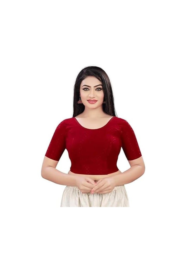Accessorize Kingdom Round Neck Dobby Cotton Lycra Stretchable Elbow Sleeve Readymade Saree Blouse for Women Stylish - Image 1