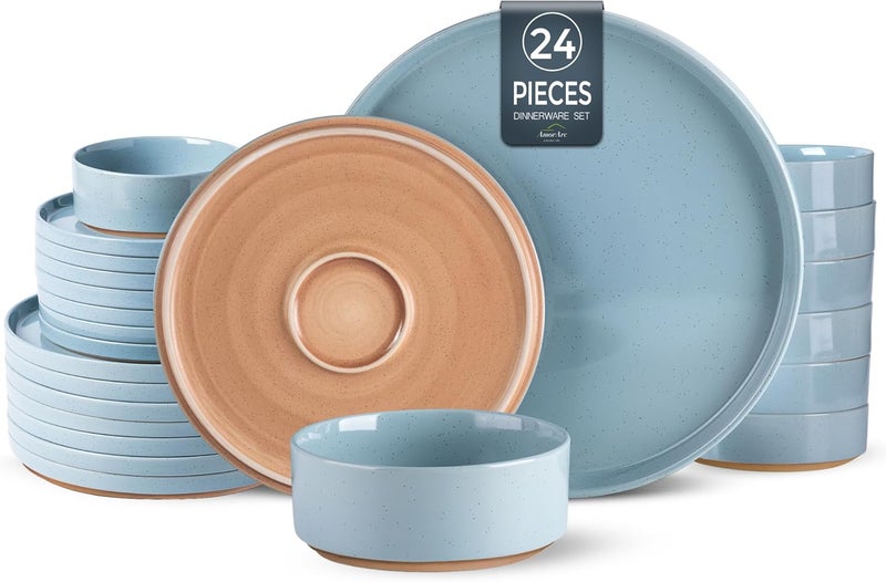 AmorArc Ceramic Dinnerware Set for 8  Speckled Stoneware Plates and Bowls with Rustic Terracotta Underside Scratch ResistantDishwasher  Microwave Safe Dishes Sets 24pcs Blue - Image 1