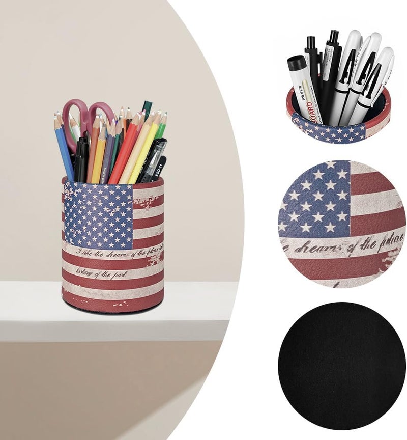 Fosinz Pen Pencil Holder Cup Container PU Leather Desk Organizer Stand Decor Brush Scissor Holder Decoration Office Desk Home School (3.3" x 3.3" x 4", US Flag) - Image 1