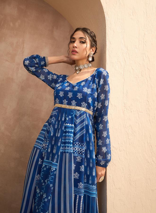 ساسافراس طقم ساري أناركالي أزرق ساسافراس بياقة على شكل قلب وبنطلون بالازو - Image 2