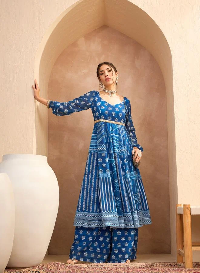 SASSAFRAS Sassafras Blue Sweetheart Neck Anarkali Kurta and Palazzo Pants Set