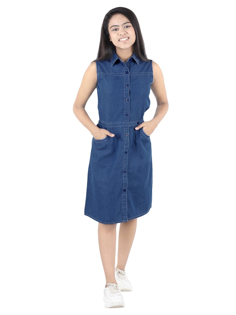 StyleStone Girls Denim Sleeveless Fit & Flare Dress (9404DnmFrntBtnLoop11-12) - Image 1