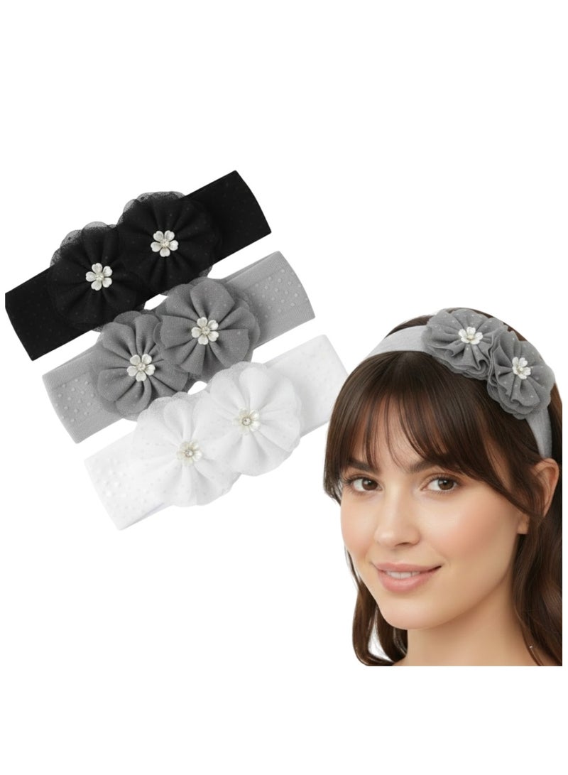 Dantiya Headband Set For Girls – Stretchy Elastic Headbands with Double Flower & Pearl Design, Soft Nylon Newborn Hairband, Girls Hair Accessories set, Ideal for Baby Girl, Baby Shower Gift / Infant - 3-Pack - Image 1