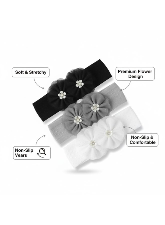 Dantiya Headband Set For Girls – Stretchy Elastic Headbands with Double Flower & Pearl Design, Soft Nylon Newborn Hairband, Girls Hair Accessories set, Ideal for Baby Girl, Baby Shower Gift / Infant - 3-Pack - Image 2
