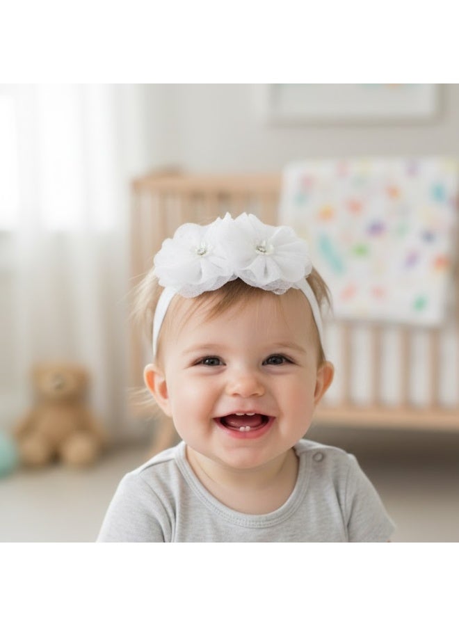 Dantiya Headband Set For Girls – Stretchy Elastic Headbands with Double Flower & Pearl Design, Soft Nylon Newborn Hairband, Girls Hair Accessories set, Ideal for Baby Girl, Baby Shower Gift / Infant - 3-Pack - Image 5