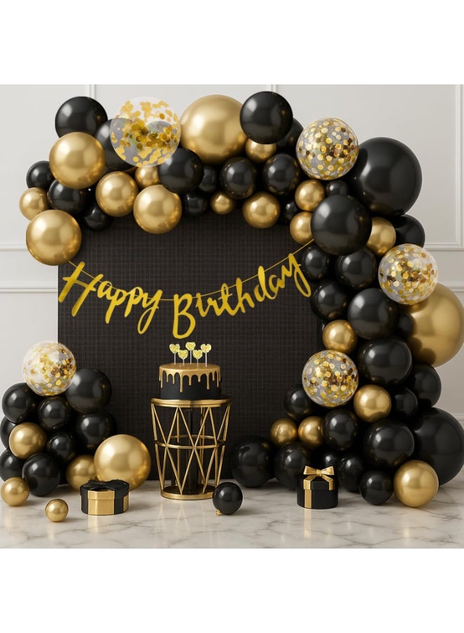 MAMATOONS 77pcs Black Gold Birthday Party Decoration Set, Black and Gold Theme Party Decorations with Happy Birthday Banner Confetti Balloons Metallic Gold and Matte Black Balloons Black Square Fringe Curtain Cake Toppers for Girls Women Men Kids - Image 1