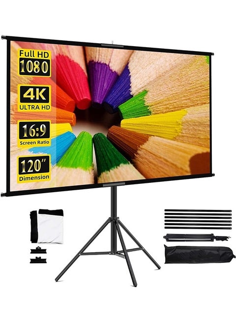 Projector Screen and Stand, 120“ Indoor Projector Screen 16:9 4K Outdoor Portable Projector Screen with Stand, Easy Setup, Wrinkle-Free, Projection Screen for Backyard, Camping, Living Room