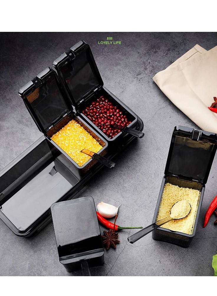 Acrylic Spice Pots Set,4Pcs Black Clear Seasoning Rack | Storage Container with Lids, Spoons,Condiment Jars for Kitchen, Counter, Food Storage - Image 4